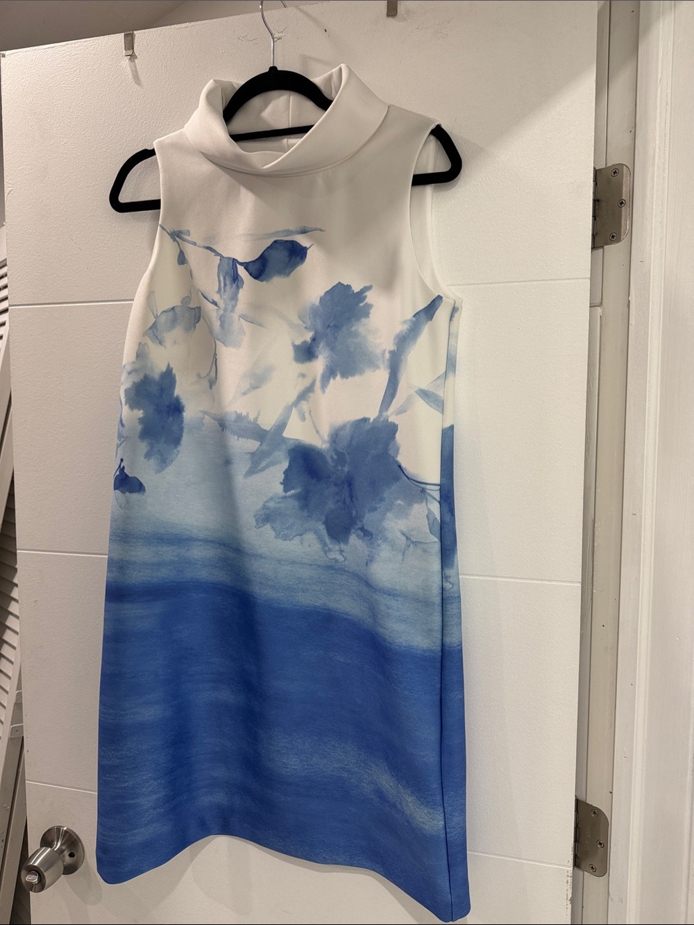 Donna Karan New York Blue Watercolor Floral Funnel Neck Shift Dress Womens 4
